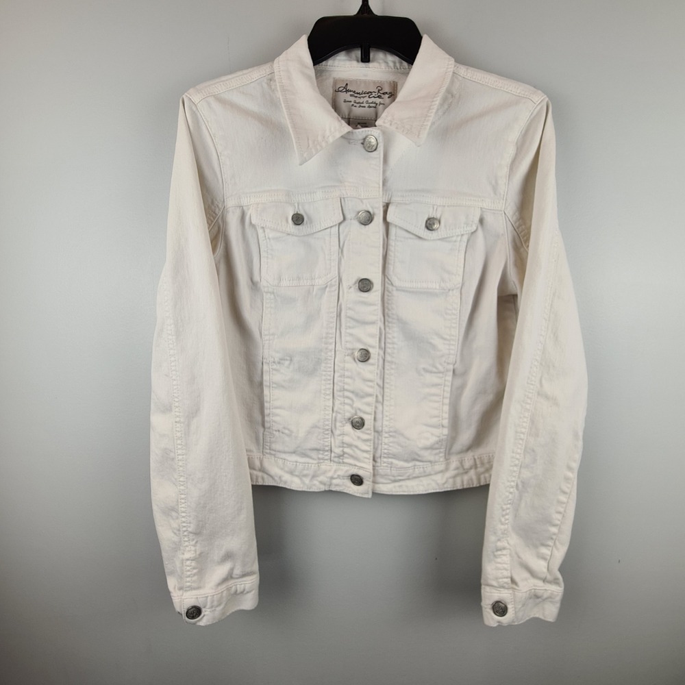 American Rag Cie Womens White Denim Trucker Jacket Size Large Stretch Cotton